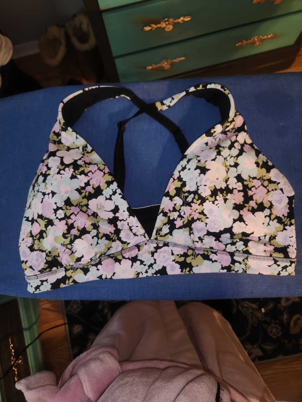 Floral Racerback Sports Bra - Black with Pastel Floral